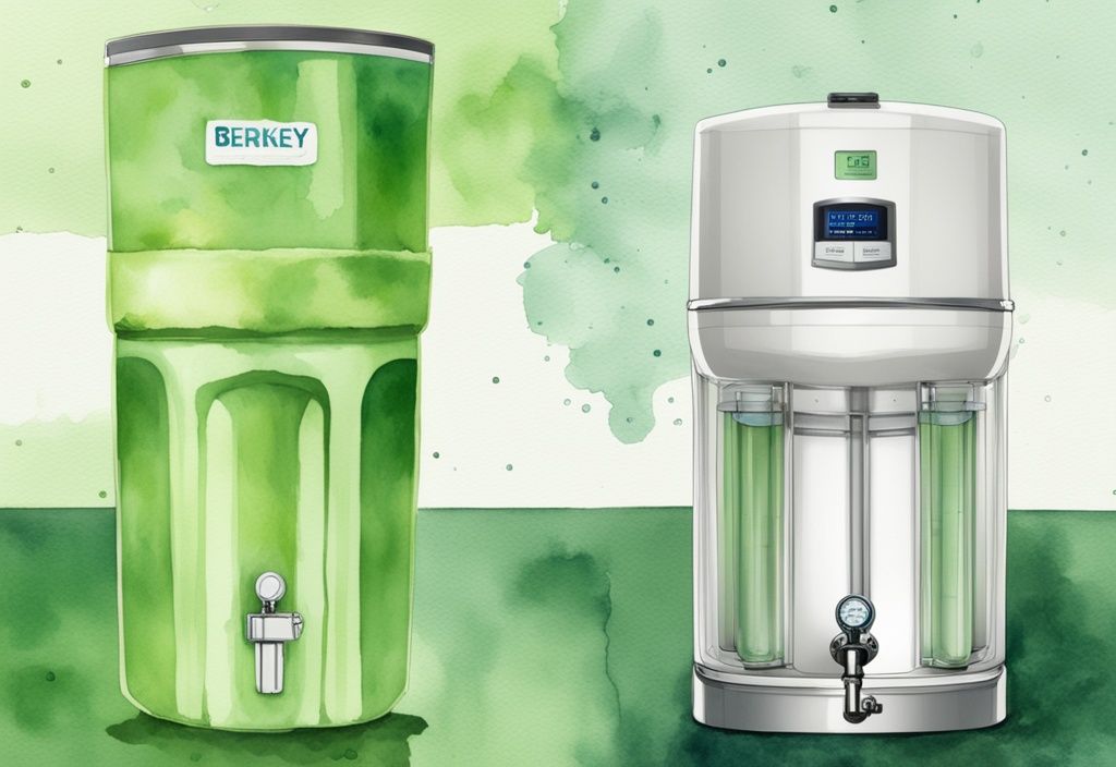 Modern watercolor illustration comparing reverse osmosis vs Berkey water filter, highlighting key features and differences with a green color theme.