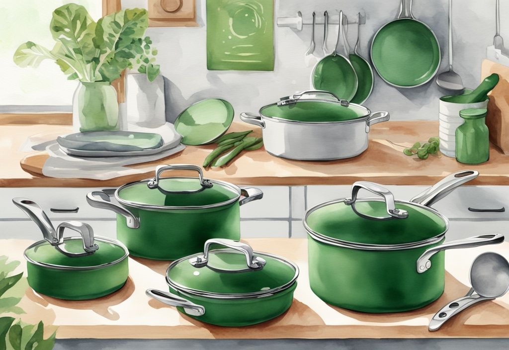 Modern watercolor illustration of GreenPan non-toxic cookware on kitchen counter, emphasizing eco-friendly features and green color theme.