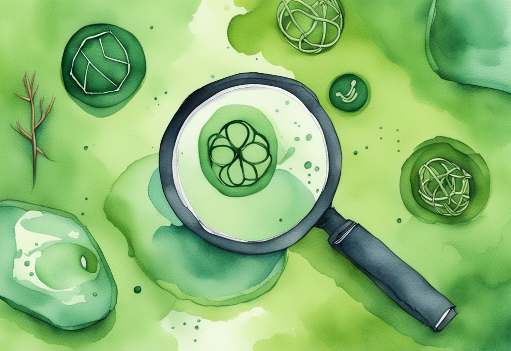 Modern watercolor illustration of green-themed lyocell fabric with magnifying glass highlighting fibers and subtle toxic symbols.