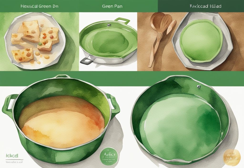 Modern watercolor illustration comparing HexClad vs All-Clad pans, featuring unique characteristics and differences, with a green color theme.