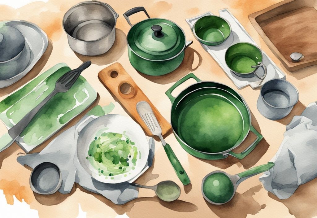 Modern watercolor illustration of a chef using carbon steel cookware, including pans, pots, and spatulas, on a kitchen countertop, addressing the question: is carbon steel safe for cooking?