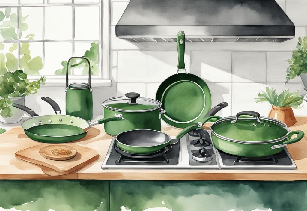 Modern watercolor illustration of GreenPan non-toxic cookware on kitchen countertop, highlighting eco-friendly design in green theme.