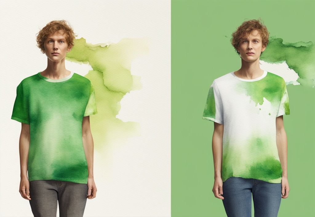 Split-screen watercolor illustration of a white, bleached shirt versus a colorful, unbleached shirt, highlighting the theme "to bleach or not to bleach" in green tones.