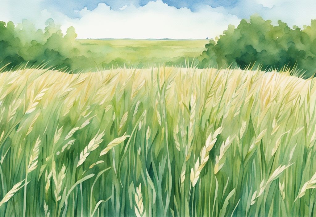 Modern watercolor illustration of a lush green field of glyphosate-free oats under a clear blue sky with a sign in the foreground.