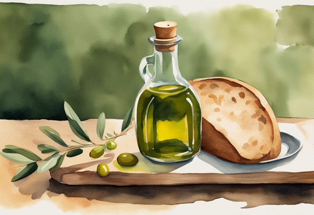 Modern watercolor illustration of Bona Furtuna olive oil bottle with dish of oil and fresh bread on rustic wooden table, green color theme.