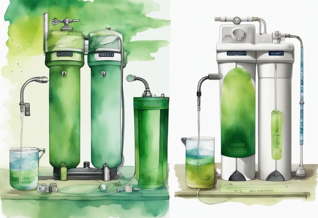 Modern watercolor illustration comparing Berkey water filter and reverse osmosis system, highlighting key features and differences, with a green color theme.