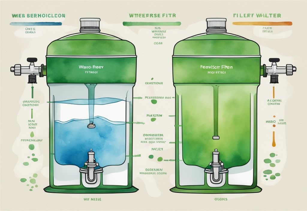 Modern watercolor illustration comparing reverse osmosis system and Berkey water filter, highlighting key features and differences, with green color theme.