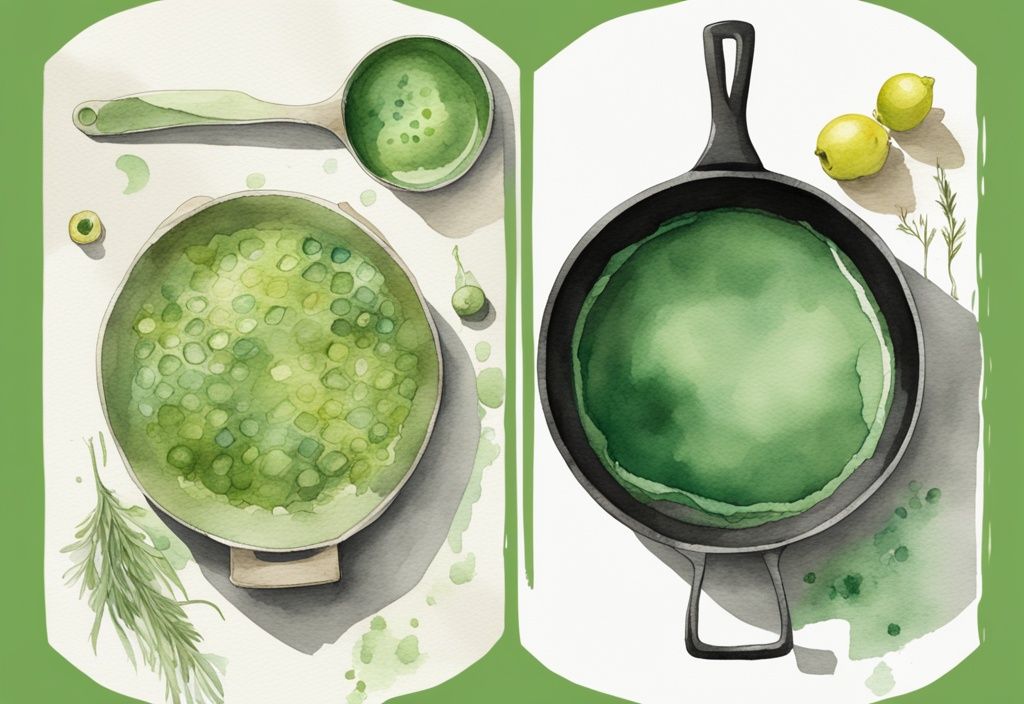 Modern watercolor illustration comparing HexClad and Caraway pans, highlighting unique features, green color theme.