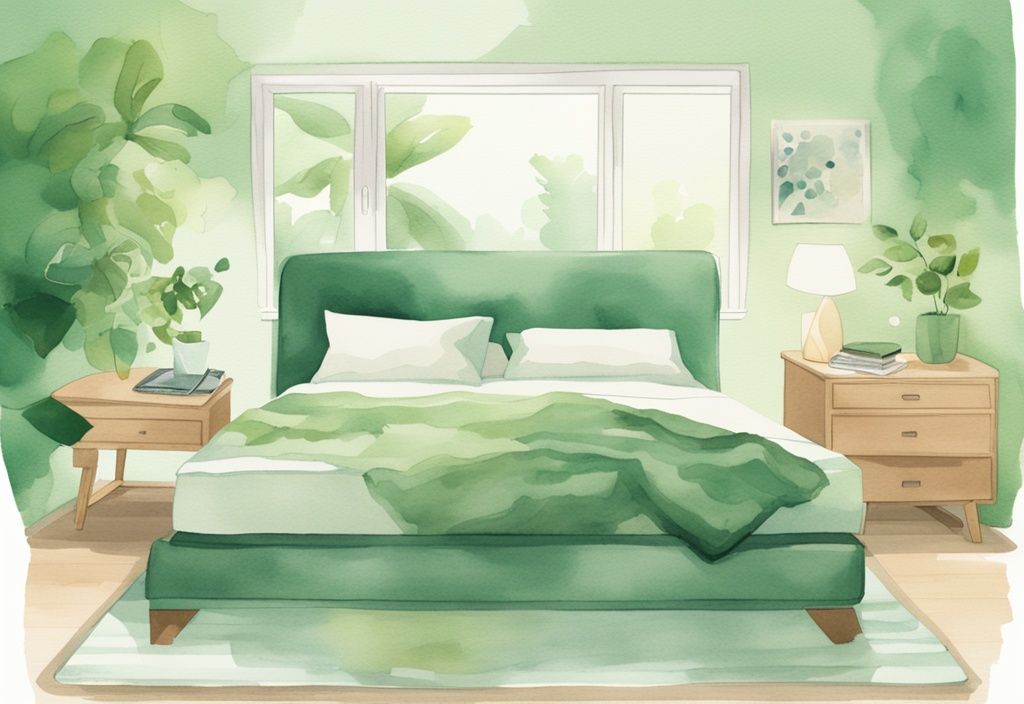 Modern watercolor illustration of a serene bedroom featuring a Lullaby Earth mattress review, with a person lying comfortably and a laptop displaying a five-star rating.