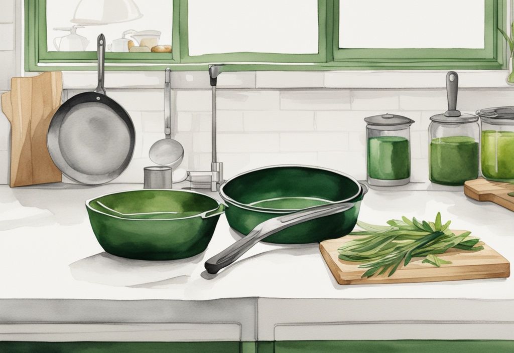 Modern watercolor illustration of Caraway vs Always Pan on a sleek kitchen countertop, featuring a green color theme.