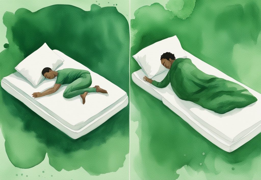 Modern watercolor illustration of a person sleeping peacefully on a latex mattress vs. tossing and turning, green color theme.