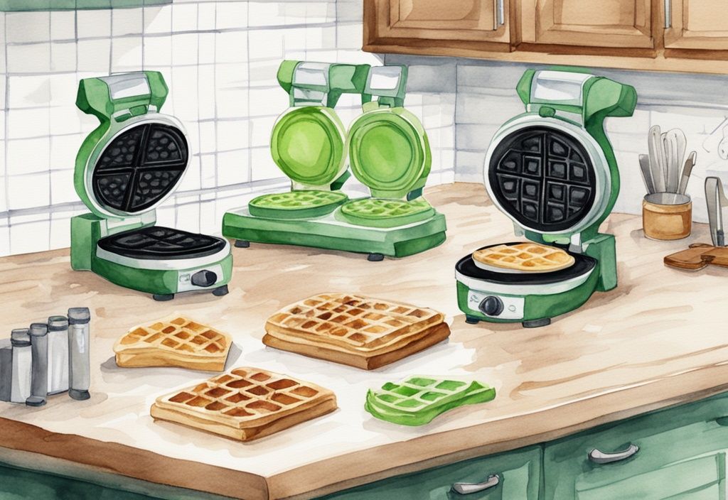 Modern watercolor illustration of five green-checked waffle makers on a kitchen countertop.