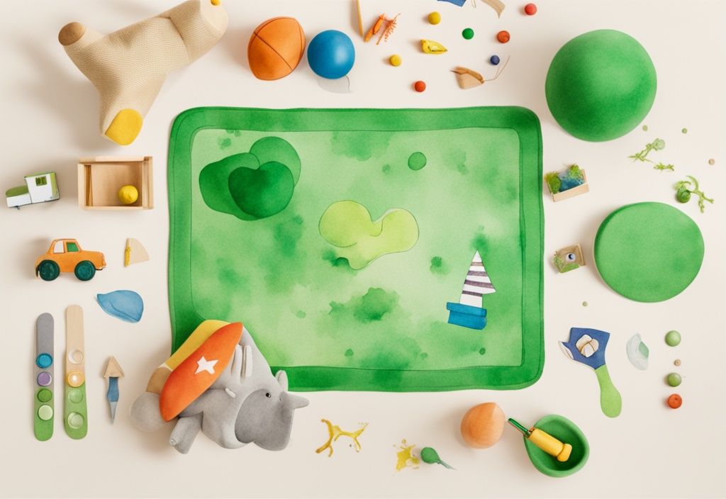 Modern watercolor illustration of a Lovevery play mat review featuring a close-up of the play mat with colorful toys in a bright, child-friendly room.