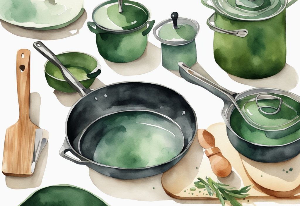 Modern watercolor illustration of a chef using carbon steel cookware, including pans, pots, and spatulas, on a kitchen countertop, exploring the question is carbon steel safe for cooking with a green color theme.