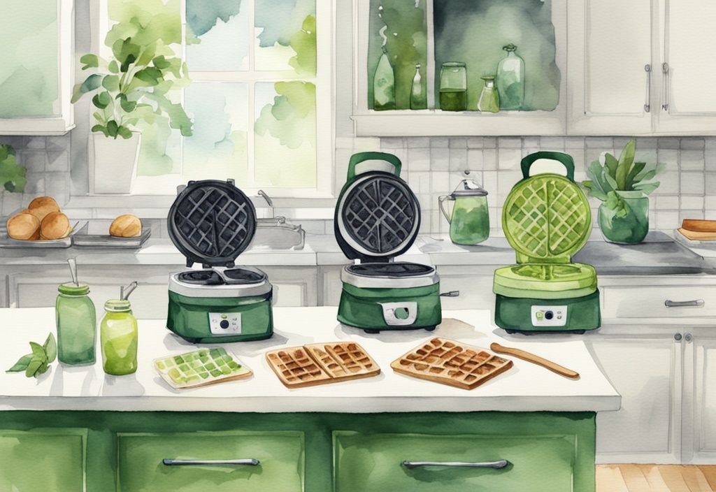 Modern watercolor illustration of the best 5 non-toxic waffle makers with green check marks on a kitchen countertop.