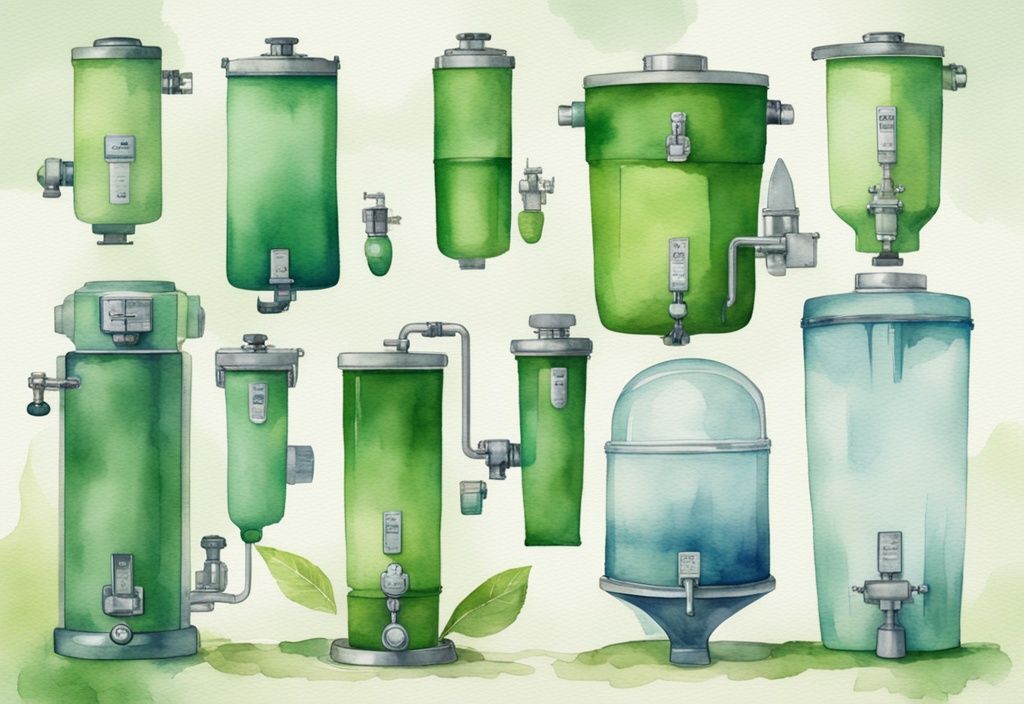 Modern watercolor illustration of top-rated green-themed water filter systems as alternatives to Berkey filter.