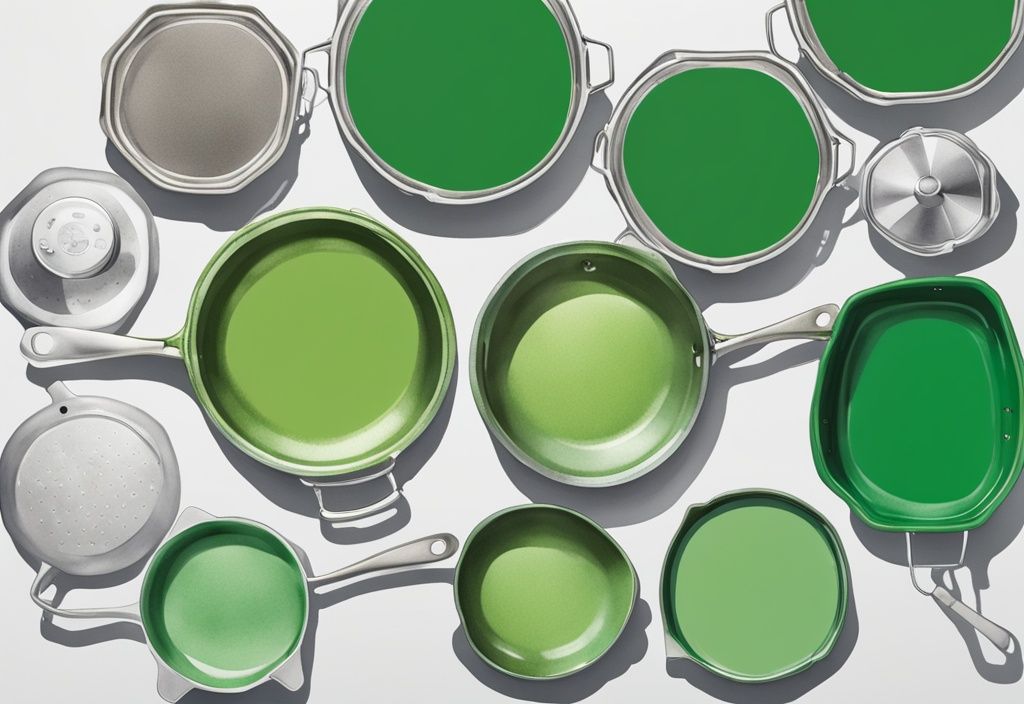 Modern watercolor illustration comparing HexClad vs All-Clad pans, emphasizing unique features and differences with a green color theme.