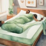 Modern watercolor illustration depicting the pros and cons of latex mattress: a person sleeping peacefully on a latex mattress versus tossing and turning on another mattress, highlighting comfort and restfulness.