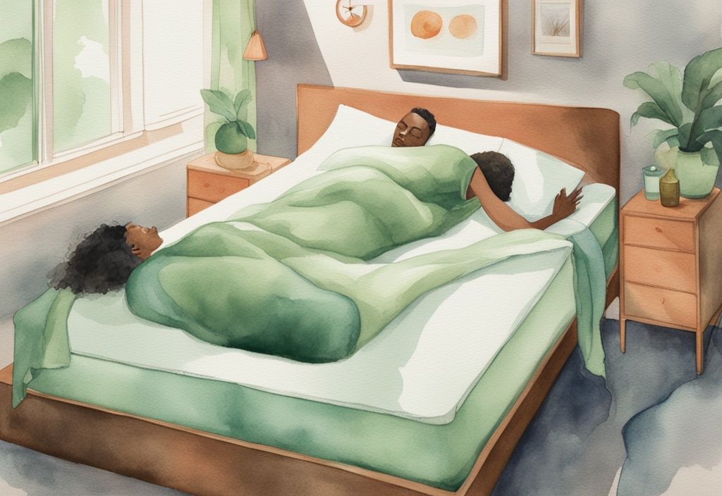 Modern watercolor illustration depicting the pros and cons of latex mattress: a person sleeping peacefully on a latex mattress versus tossing and turning on another mattress, highlighting comfort and restfulness.