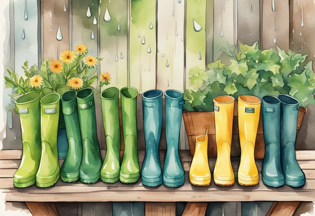 Modern watercolor illustration of colorful, non-toxic rain boots on a wooden porch with raindrops, highlighting quality and resistance, green color theme.