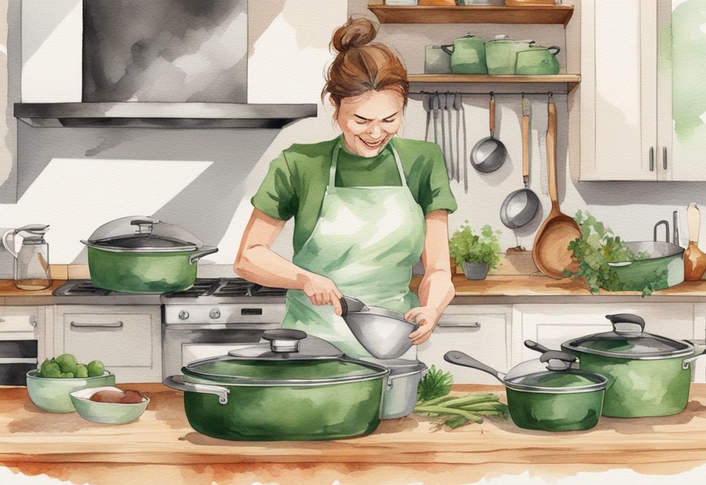 Modern watercolor illustration of green-themed carbon steel cookware on wooden countertop with chef demonstrating safe usage.