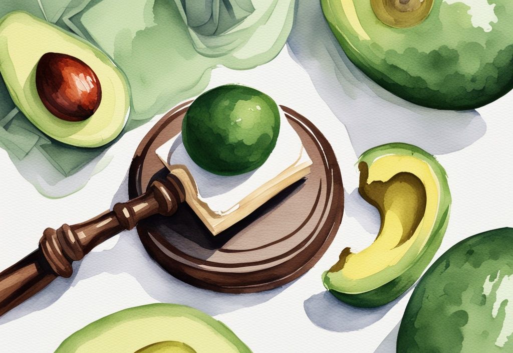 Modern watercolor illustration of a gavel striking an avocado print mattress, symbolizing Avocado mattress lawsuit in green theme.