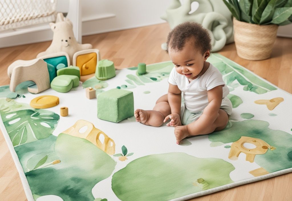 Modern watercolor illustration of a green-themed Lovevery play mat with toys and a happy baby playing.