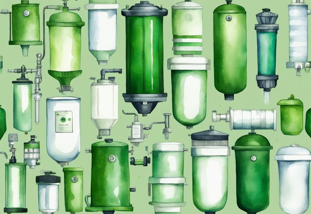 Modern watercolor illustration of top-rated green water filter systems, alternatives to Berkey filter.