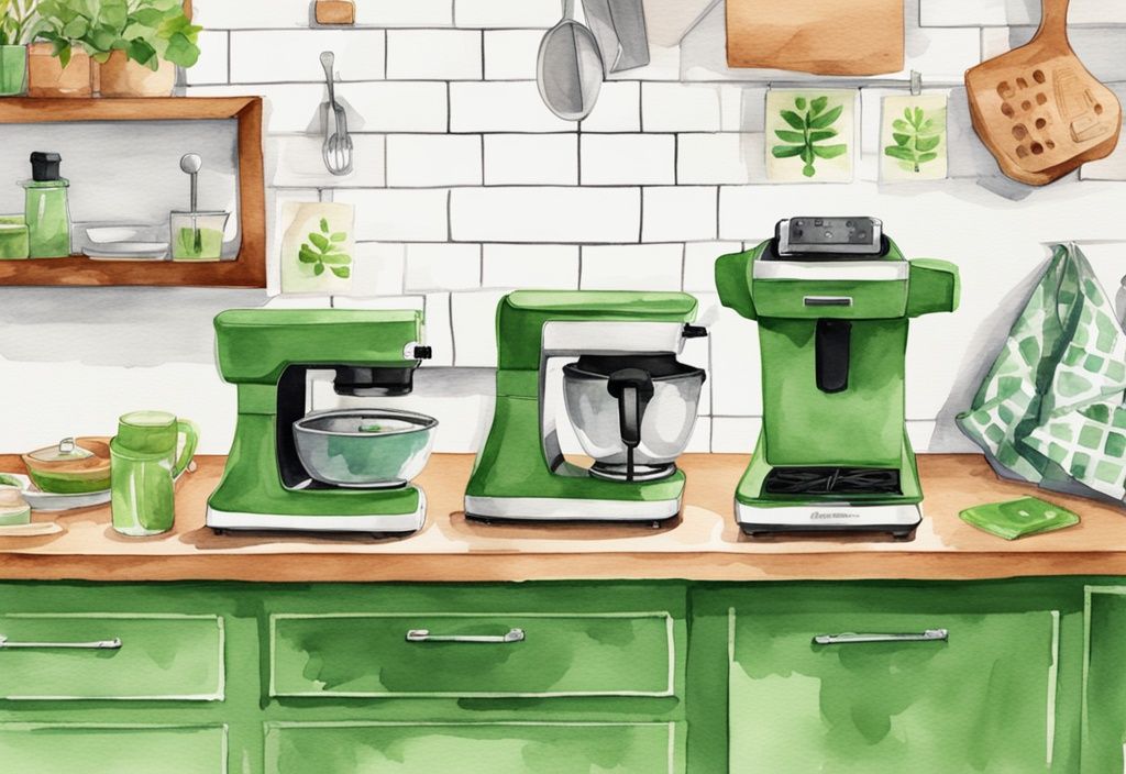 Modern watercolor illustration of five green checkmarked waffle makers on a kitchen countertop, emphasizing a green color theme.