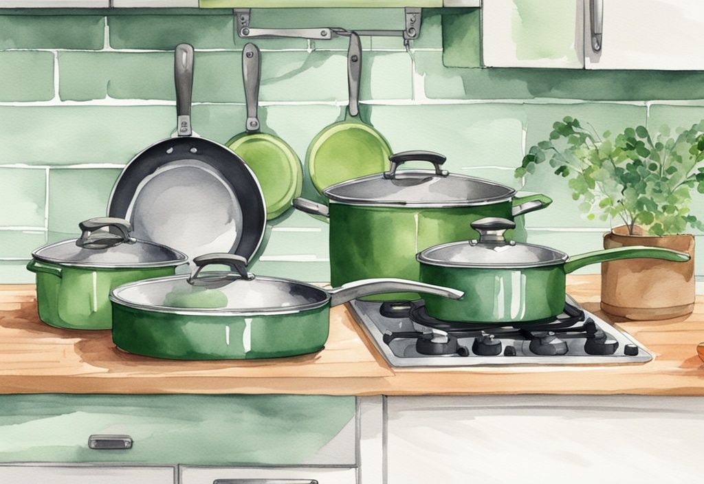 Modern watercolor illustration of GreenPan non-toxic cookware on kitchen counter, highlighting eco-friendly green pans.