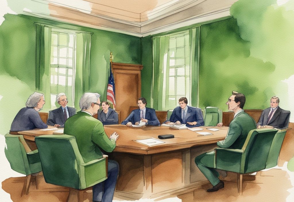 Modern watercolor illustration of a courtroom scene with an avocado-green mattress, featuring legal professionals in discussion, green color theme.