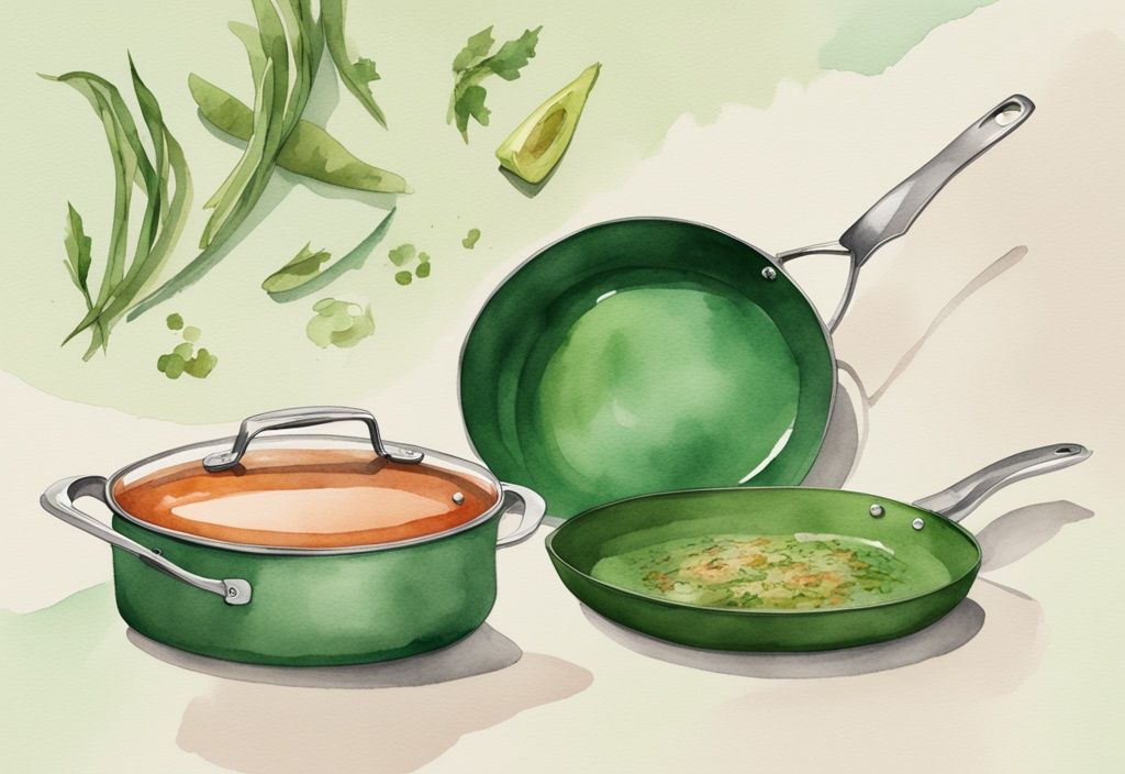 Modern watercolor illustration comparing HexClad vs Caraway cookware, featuring a green-themed design with a HexClad frying pan and Caraway cookware set side-by-side, highlighting their unique features.