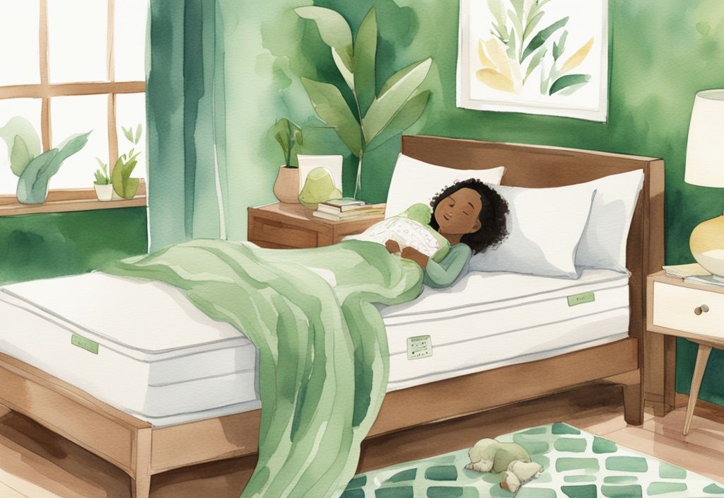 Modern watercolor illustration of a serene bedroom with a green theme, highlighting a Lullaby Earth mattress, featuring a parent tucking in a child.