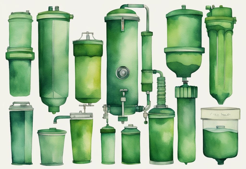 Modern watercolor illustration of top-rated water filter systems in green, showcasing best Berkey water filter alternative options.