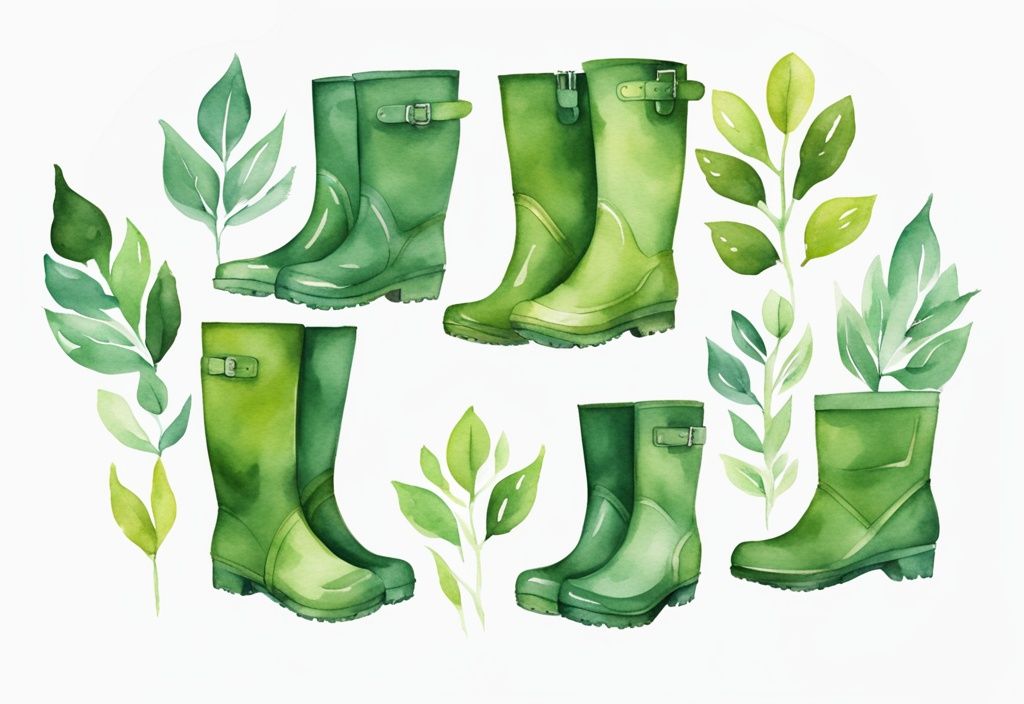 Modern watercolor illustration of best non-toxic rain boots in vibrant colors arranged in a semi-circle on a white background, each featuring a green leaf symbol for eco-friendliness.