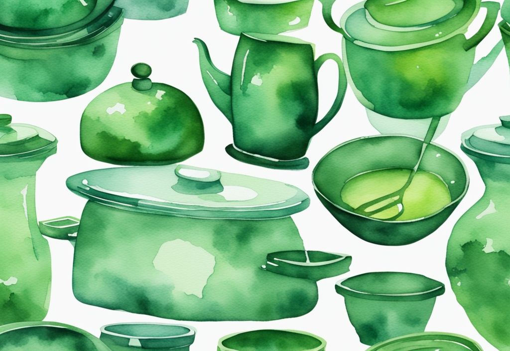 Modern watercolor illustration of glass cookware showcasing pros and cons; pristine items symbolize benefits, while cracked and stained pieces highlight drawbacks, with a green color theme.