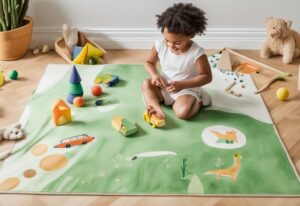 Modern watercolor illustration featuring a green-themed close-up of the Lovevery play mat with colorful toys in a bright, child-friendly room, ideal for a Lovevery play mat review.