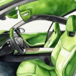 Modern watercolor illustration of a Tesla Vegan Leather Interior in green, showcasing luxurious and eco-friendly material texture and quality.