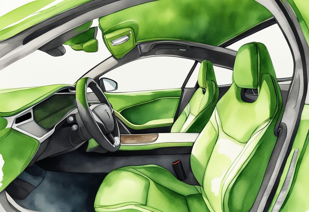 Modern watercolor illustration of a Tesla Vegan Leather Interior in green, showcasing luxurious and eco-friendly material texture and quality.