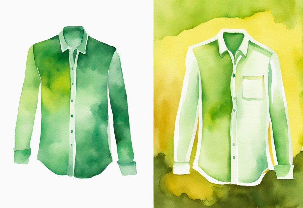 Modern watercolor illustration of a white shirt comparison, one side yellowed, other freshly bleached, green theme.