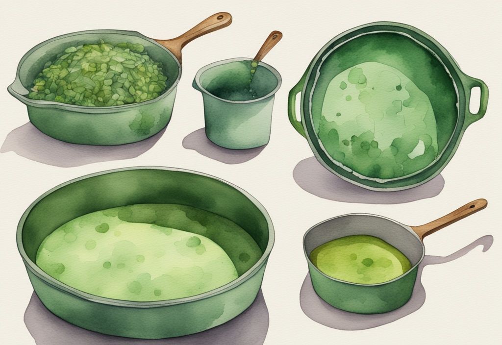 Modern watercolor illustration comparing HexClad and Caraway pans, featuring unique characteristics, green color theme.