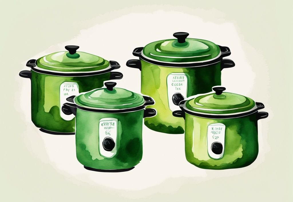 Modern watercolor illustration of five non-toxic crock pots in green theme, arranged aesthetically on a website.