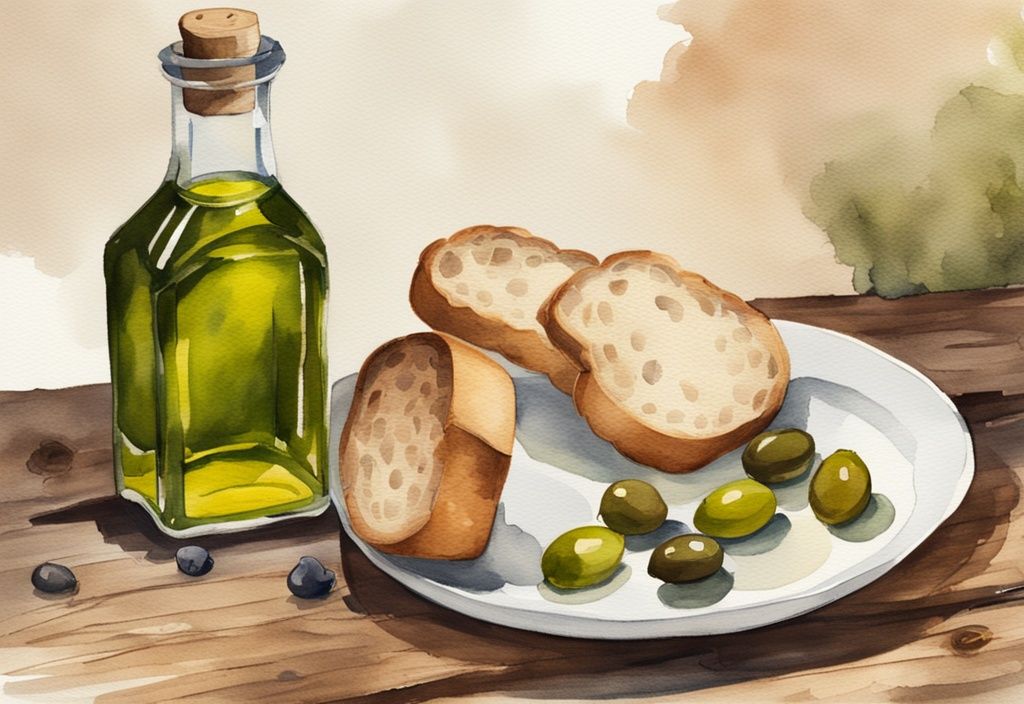 Modern watercolor illustration of Bona Furtuna olive oil bottle with dish and bread on rustic wooden table, green color theme.