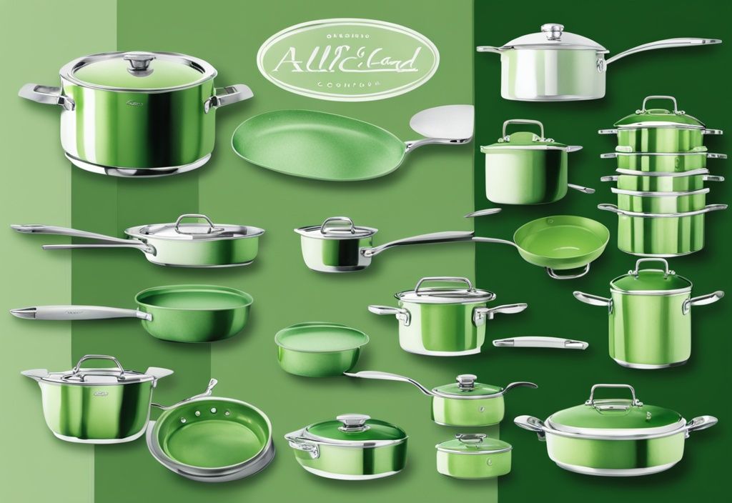 Modern watercolor illustration comparing HexClad vs AllClad cookware sets in green theme, highlighting distinct features of each brand.