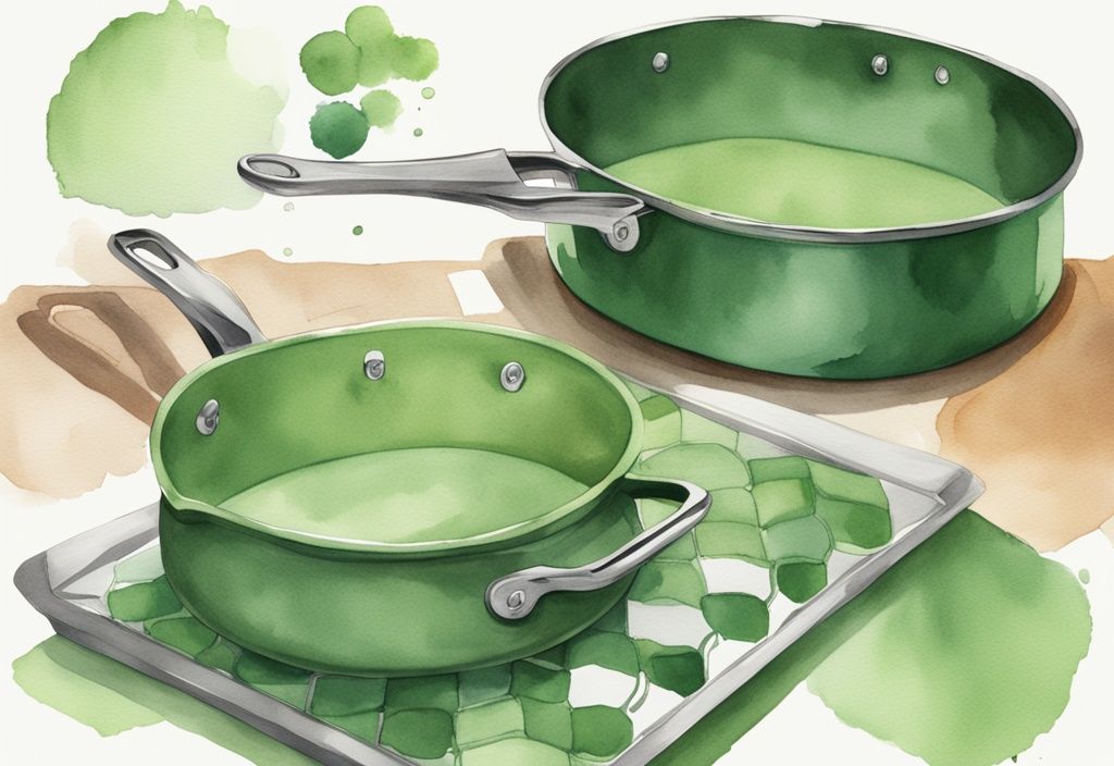 Modern watercolor illustration comparing HexClad and All-Clad pans, highlighting key features and differences, with a green color theme.