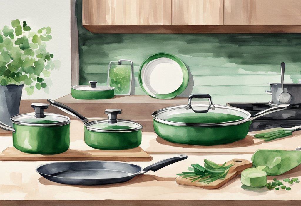 Modern watercolor illustration of GreenPan non-toxic cookware on kitchen countertop, highlighting eco-friendly design in green theme.