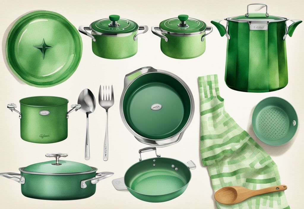 Modern watercolor illustration featuring a green theme, comparing HexClad vs AllClad cookware sets with highlighted distinct features.