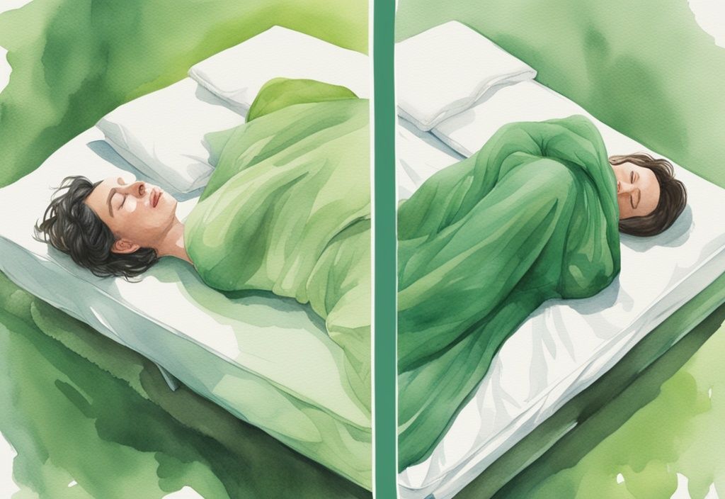 Modern watercolor illustration of a person sleeping peacefully on a latex mattress versus tossing and turning, green color theme.