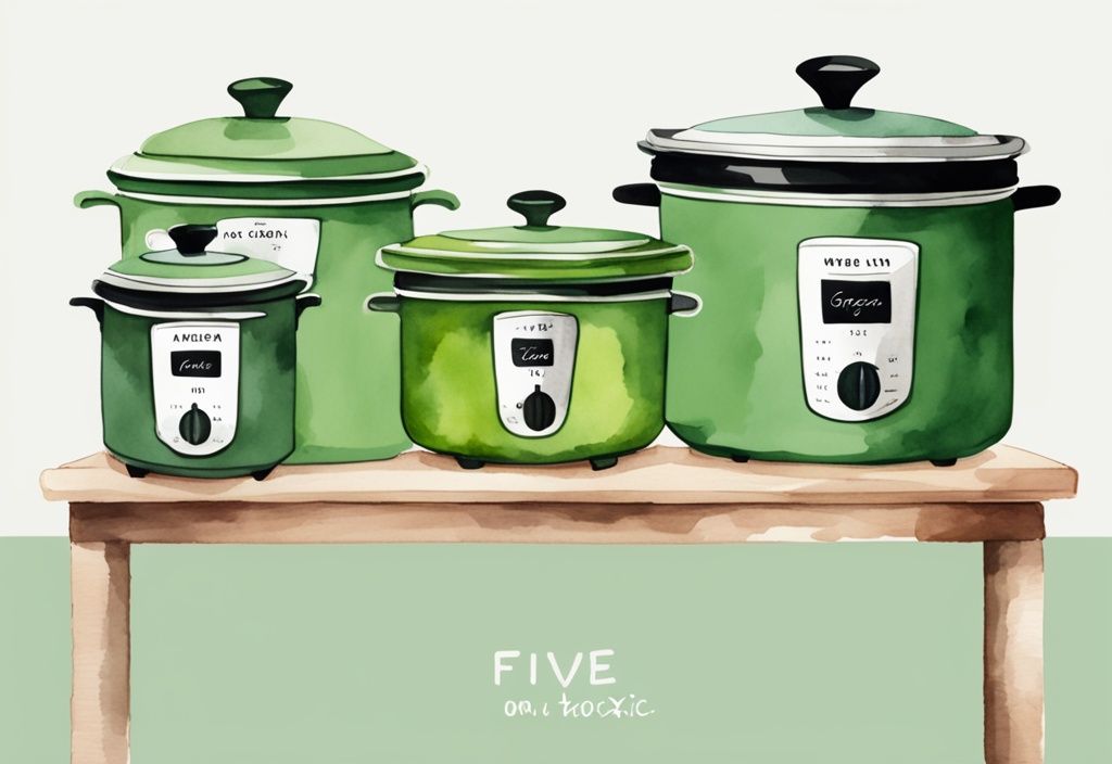 Modern watercolor illustration featuring 5 best non-toxic crock pots in various unique designs and green color theme.