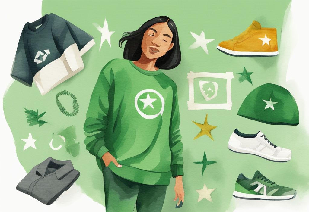 Modern watercolor illustration featuring PAKA Apparel clothing items in green, with a person wearing a PAKA sweater and a five-star rating symbol, showcasing a PAKA Apparel Review.